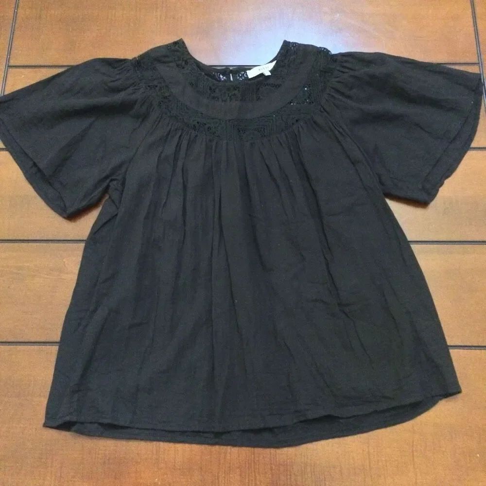 Ro&DE black embroidered blouse ruffle sleeve m
